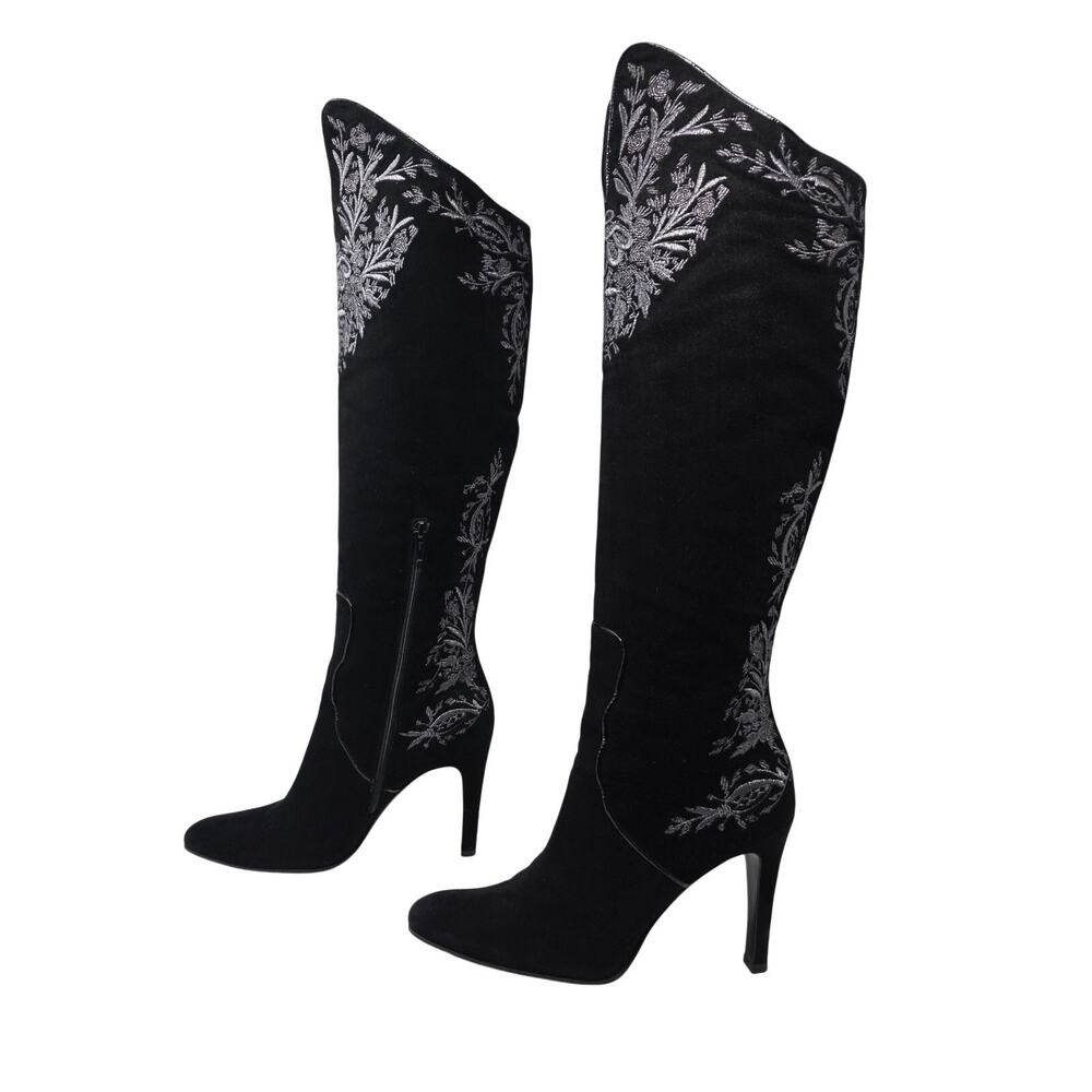 Gucci Knee High Tall Vintage Black Suede Riding Boots Embroidered Silver 8.5